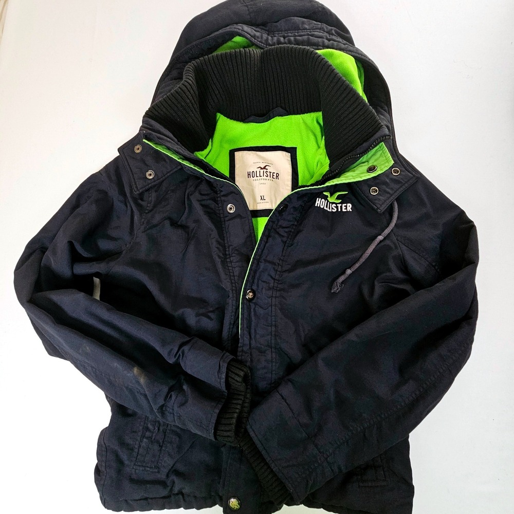Hollister California Navy Blue Hooded Parka Jacket Neon Green Fleece Lined XL